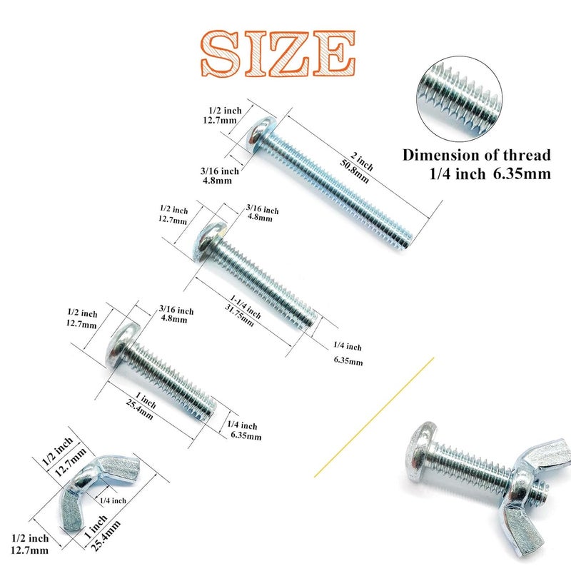 Matrelt 48Pack 1/4"-20 1-2Inch 3 Sizes Screw Bolts and Wing Nut Kit 24pcs Machine Screws with Round Head Phillips 24pcs Butterfly Hand Twist Tighten Nut Zinc Plated Hardware Fitting Fastenings Kit - Image 2